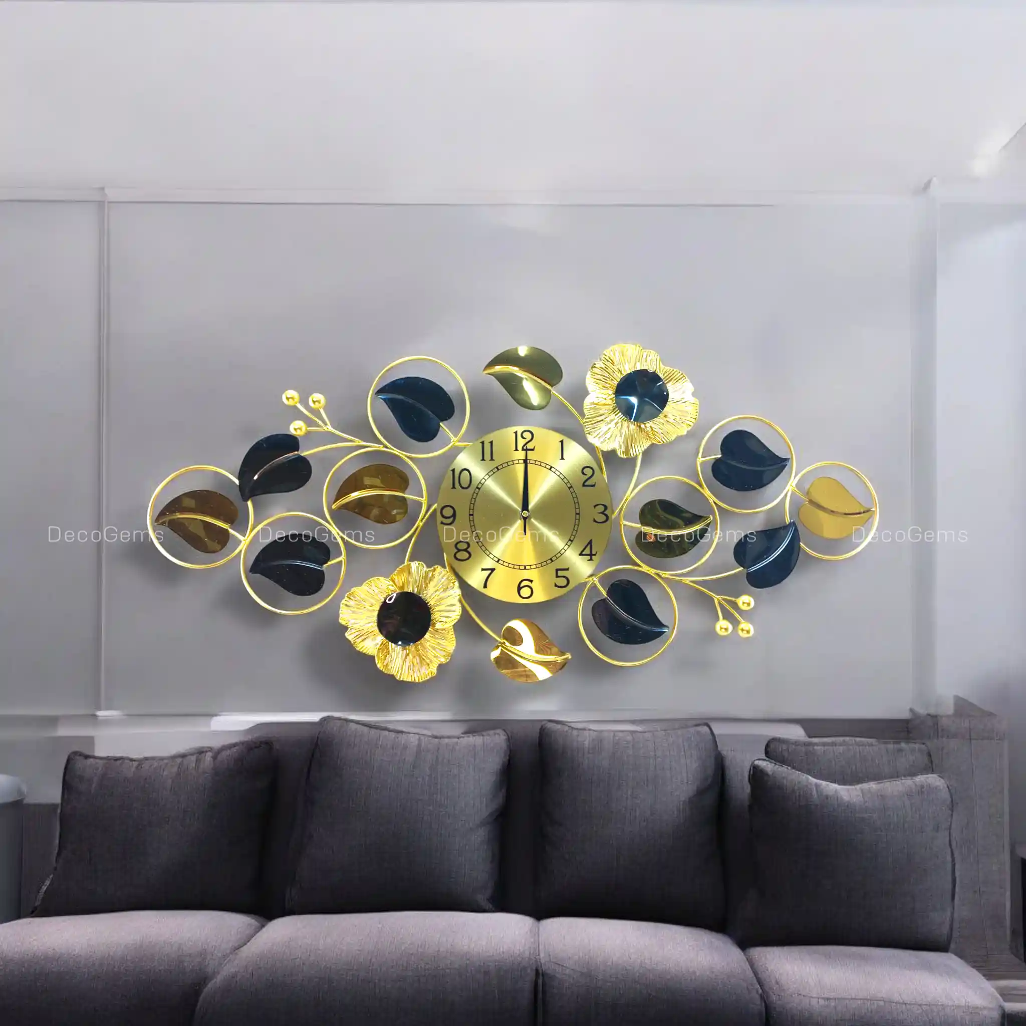 Glossy Metal Floral-Leaf Wall Décor Clock- 17684