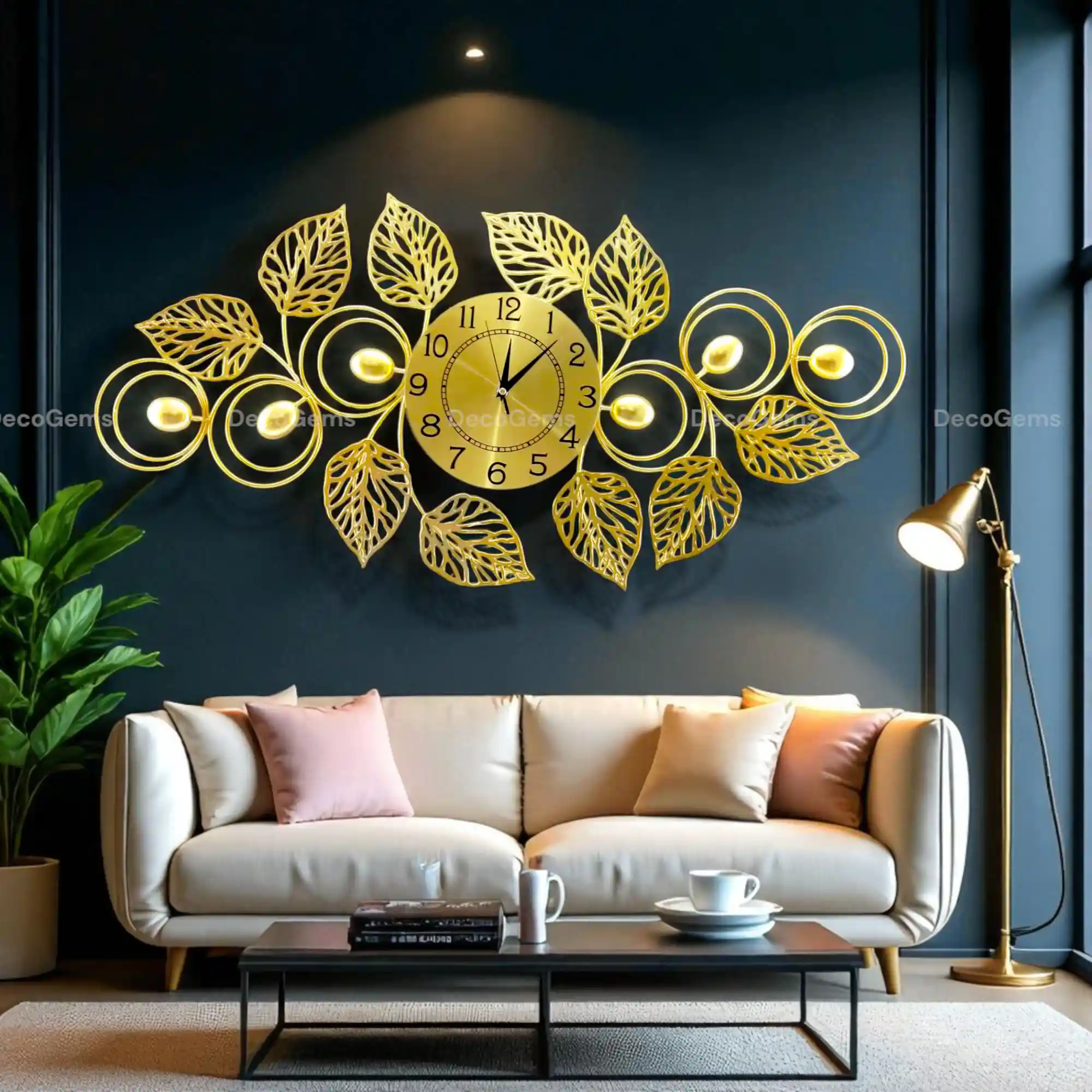 Golden Leaf Design Metal Wall Clock- 17464