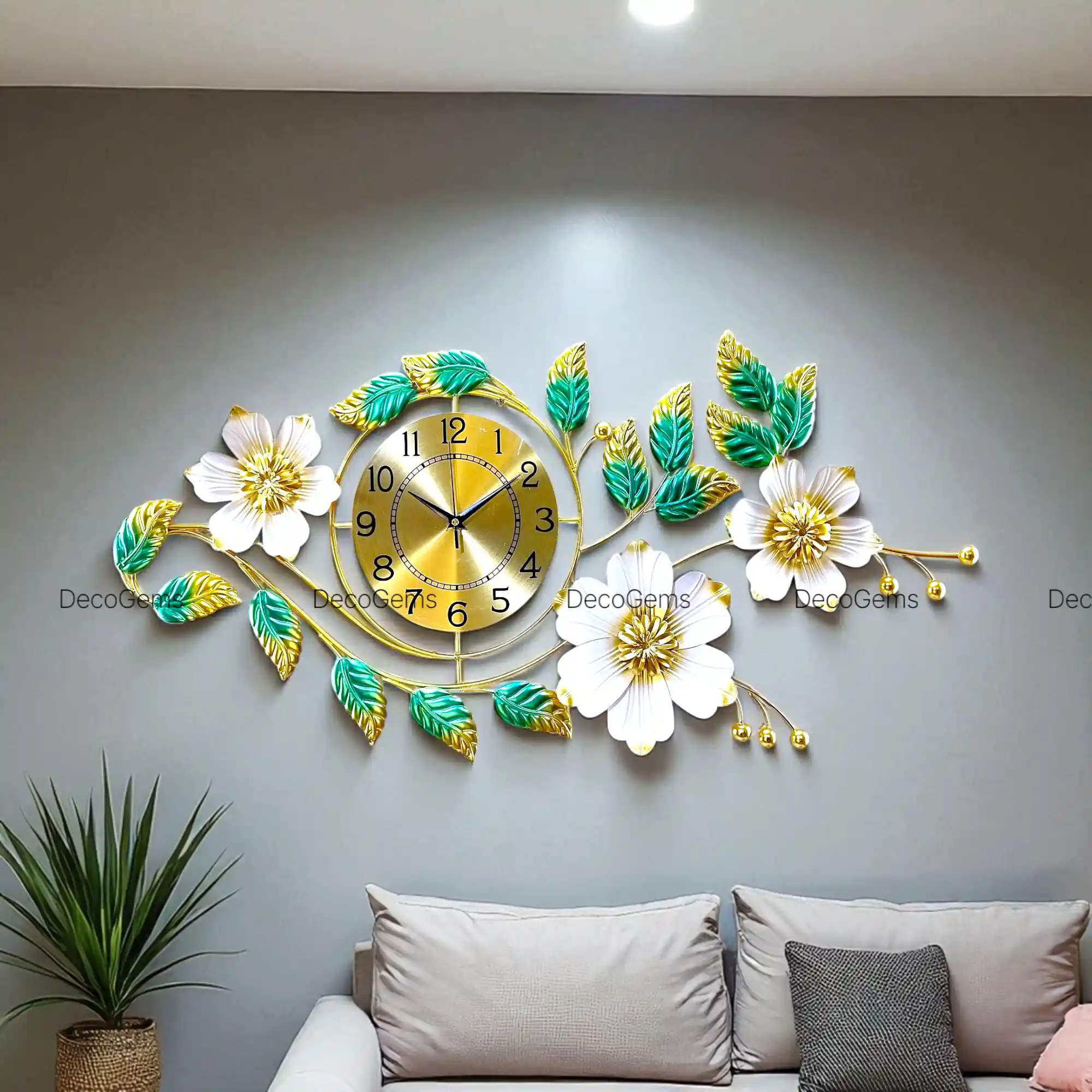 Green Leaf & White Floral Designed Horizontal Wall Decor Clock