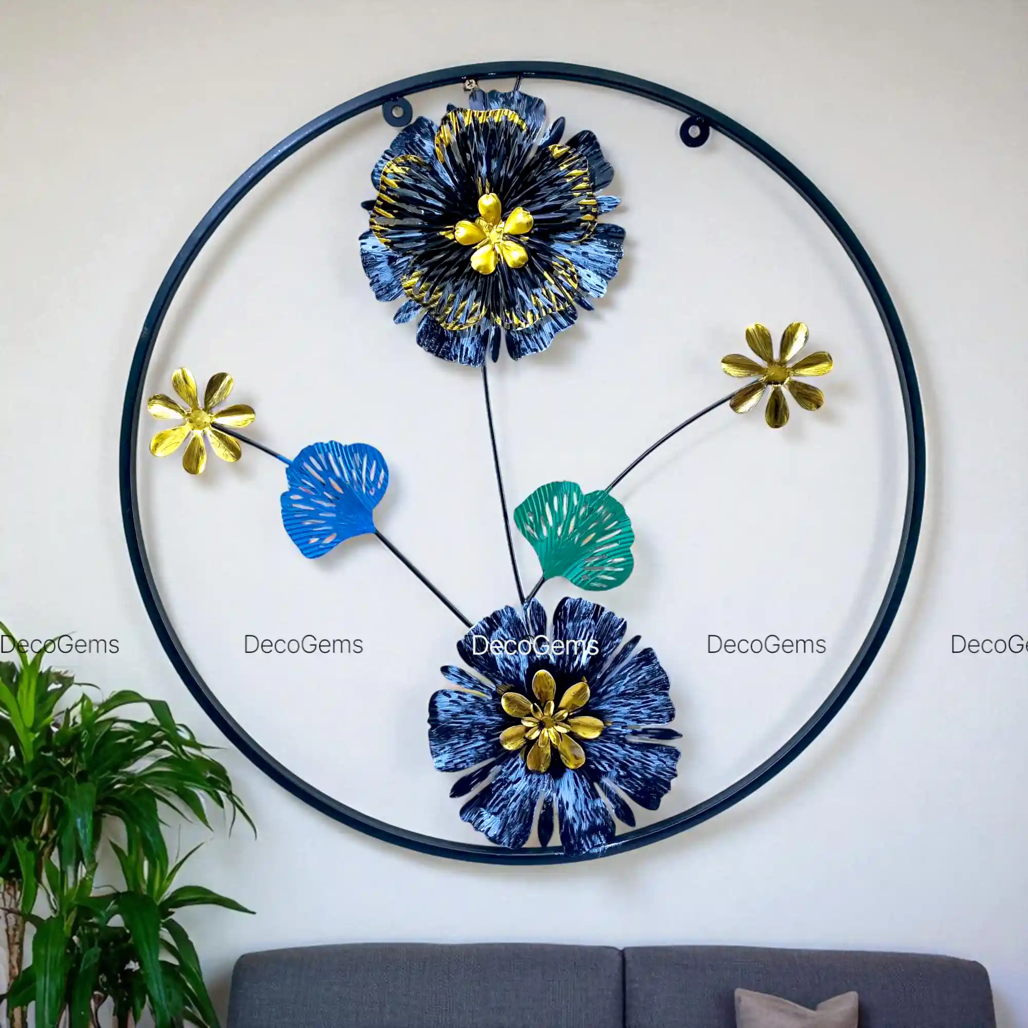 Metal Black Floral Round Shape Wall Art - 17761
